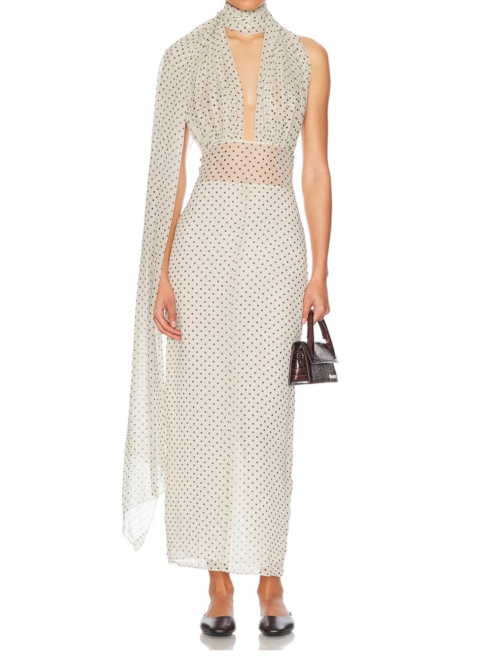Sleeveless Ivory Maxi Dress with Black Polka Dots and Scarf Detail Helsa - Picture 2 of 6